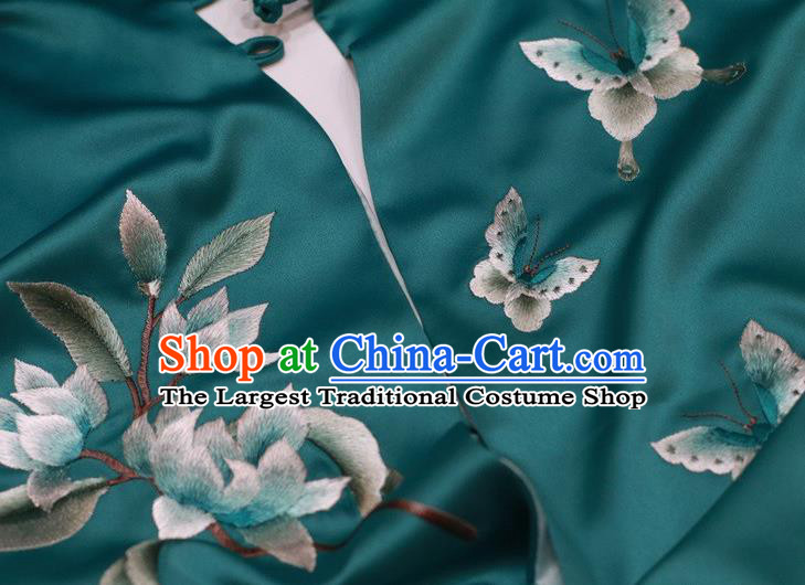 China Traditional Embroidered Tippet Embroidery Magnolia Craft Cappa Deep Green Silk Scarf