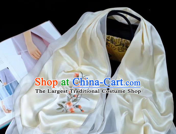 Traditional China Mother Cappa Embroidered Tippet Suzhou Embroidery Craft Beige Silk Scarf