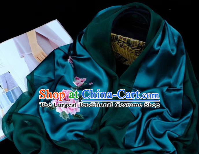Traditional China Mother Cappa Deep Green Silk Scarf Embroidered Tippet Suzhou Embroidery Peony Craft