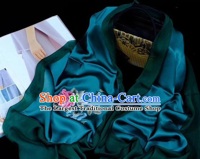 Traditional China Mother Cappa Deep Green Silk Scarf Embroidered Tippet Suzhou Embroidery Peony Craft