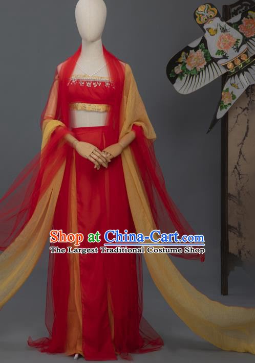 Chinese Tang Dynasty Court Dance Costumes Ancient Flying Fairy Red Hanfu Dress Apparels