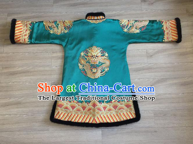 Chinese Embroidered Lion Blue Brocade Jacket Apparels Upper Outer Garment National Tang Suit Winter Costume