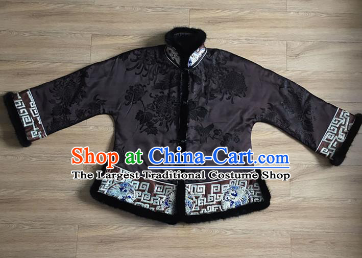 Chinese Embroidered Black Silk Jacket Apparels National Winter Cotton Padded Costume Tang Suit Upper Outer Garment