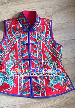 China Women Red Brocade Waistcoat National Clothing Embroidery Dragons Vest Costumes