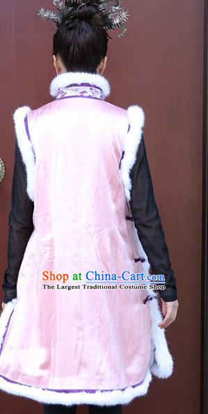 China Women Pink Brocade Long Waistcoat National Clothing Embroidery Cotton Padded Vest Winter Costumes