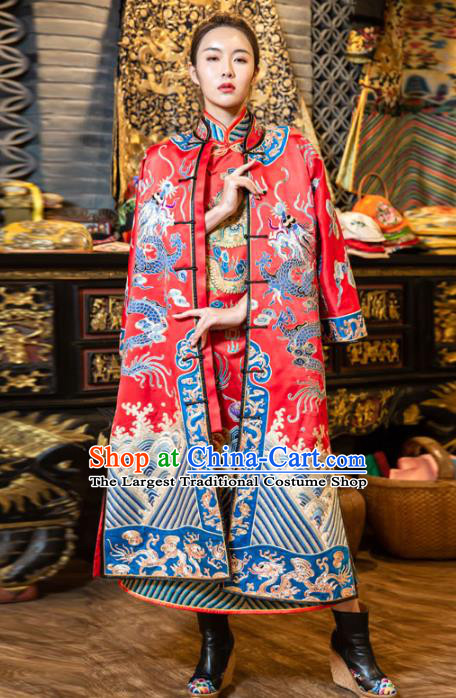 Chinese Embroidered Red Brocade Dust Coat Tang Suit Outer Garment National Costume Apparels