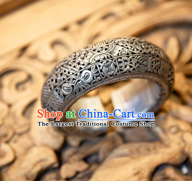 China Women Wide Bracelet National Ear Accessories Ethnic Silver Carving Bangle