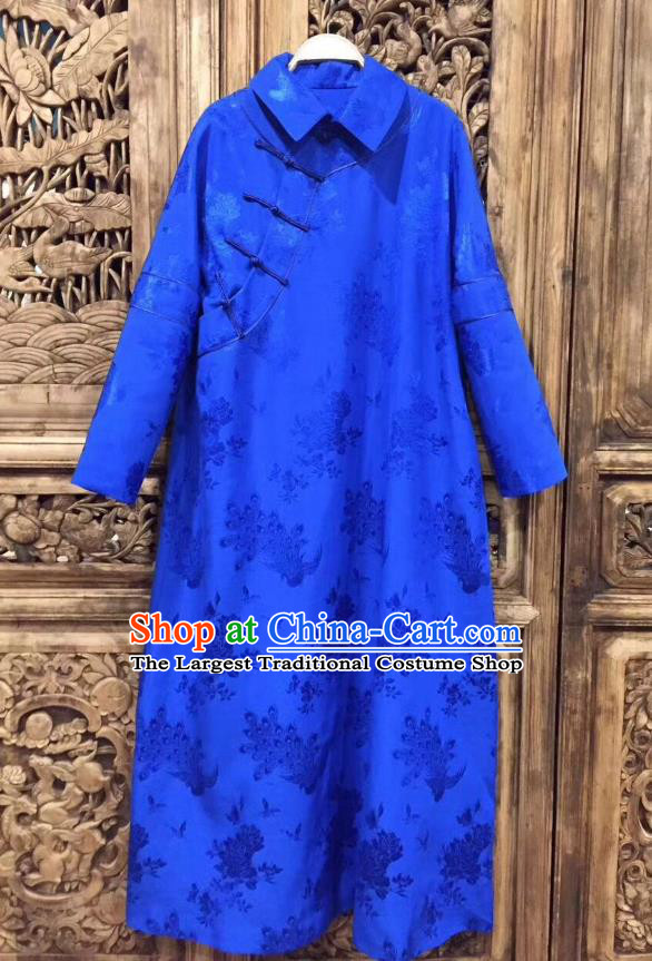 China Tang Suit Women Clothing Classical Rose Pattern Cheongsam Royalblue Silk Qipao Dress Costume