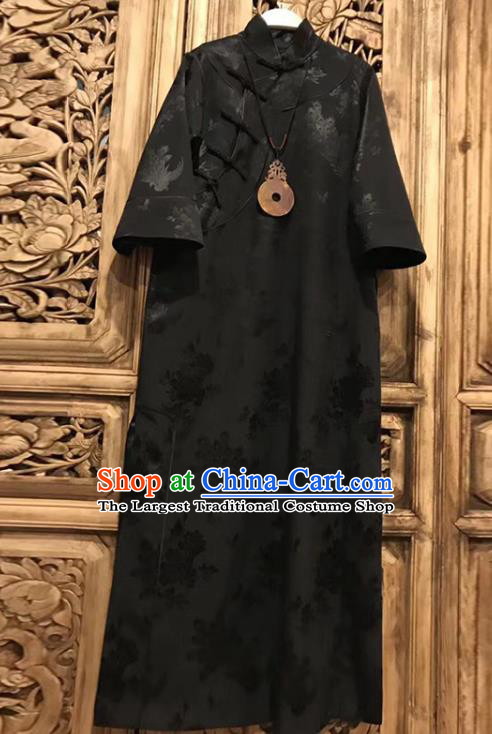 China Classical Peony Butterfly Pattern Black Silk Cheongsam Costume Tang Suit Women Clothing Qipao Dress