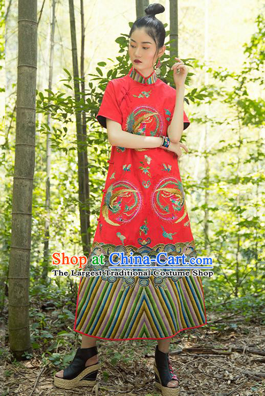 China Tang Suit Women Clothing Classical Phoenix Pattern Cheongsam Red Silk Qipao Dress Costume