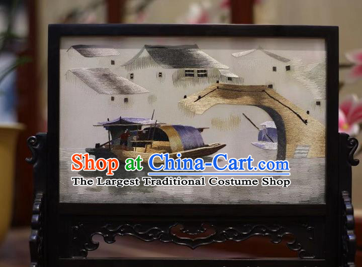 China Hand Suzhou Embroidery Craft Embroidered Table Screen Traditional Watertown Painting Wood Desk Screen