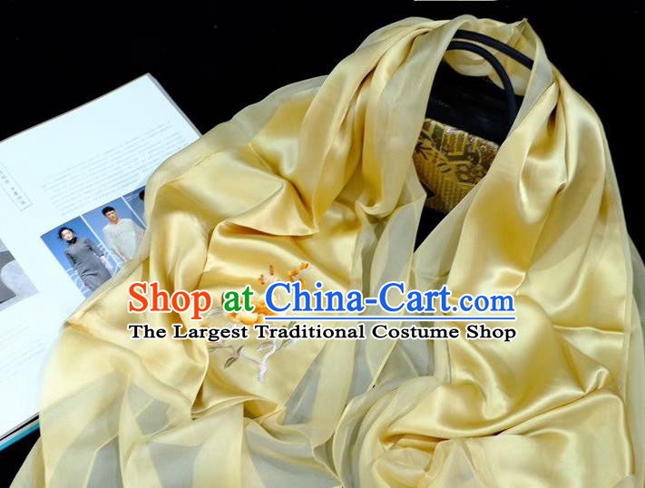 Traditional China Suzhou Embroidery Craft Mother Cappa Silk Scarf Embroidered Peony Yellow Tippet