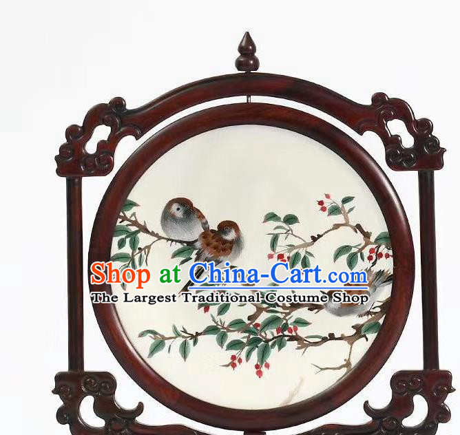 China Handmade Suzhou Embroidery Birds Painting Desk Screen Rosewood Table Decoration