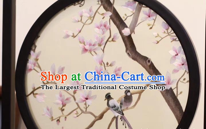 China Embroidery Craft Handmade Table Ornament Suzhou Embroidered Mangnolia Rosewood Desk Screen