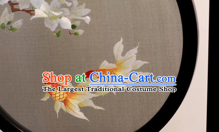 China Suzhou Embroidered Mangnolia Goldfish Rosewood Desk Screen Handmade Table Ornament Embroidery Craft