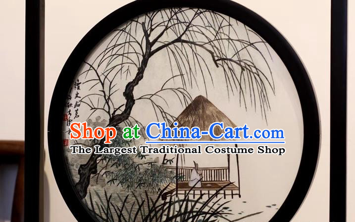 China Traditional Handmade Table Ornament Embroidery Craft Suzhou Embroidered Village Scene Rosewood Desk Screen