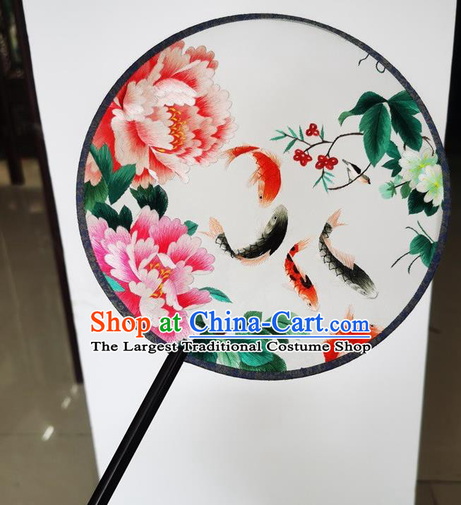 China Ancient Princess Palace Fan Handmade Round Fan Suzhou Embroidery Peony Fishes Silk Fan Double Side Fans