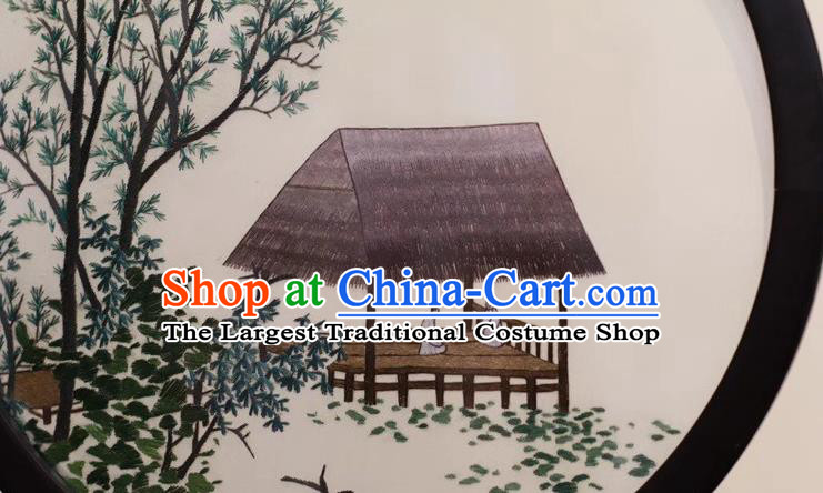 China Traditional Handmade Table Ornament Suzhou Embroidered Village Scene Desk Screen Embroidery Rosewood Craft