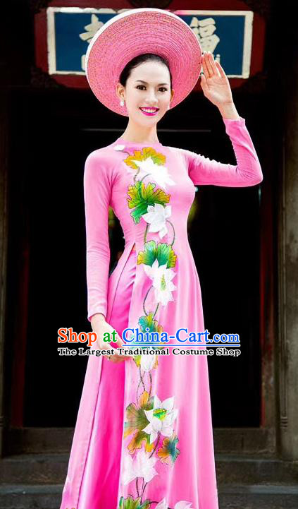 Asian Vietnam Traditional Costumes Vietnamese Classical Aodai Qipao Dress Printing Lotus Cheongsam and Pants for Women