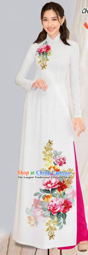 Asian Vietnam Traditional Costumes Vietnamese Classical Aodai Qipao Dress Printing Flowers White Cheongsam and Pants for Women