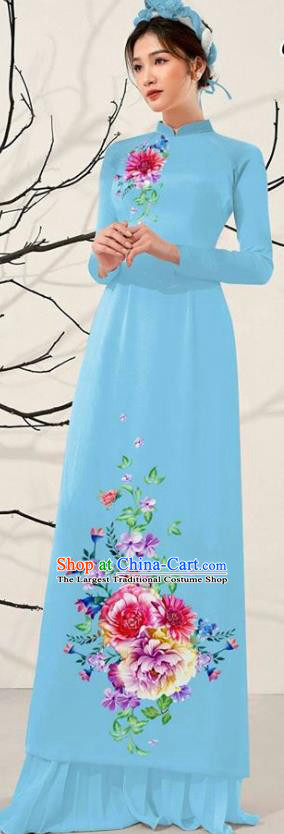 Asian Vietnam Blue Ao Dai Qipao Dress Traditional Vietnamese Costumes Classical Printing Flowers Cheongsam and Pants for Women