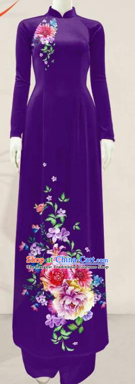 Asian Vietnam Purple Ao Dai Qipao Dress Traditional Vietnamese Costumes Classical Printing Flowers Cheongsam and Pants for Women