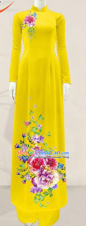 Asian Vietnam Yellow Ao Dai Qipao Dress Traditional Vietnamese Costumes Classical Printing Flowers Cheongsam and Pants for Women