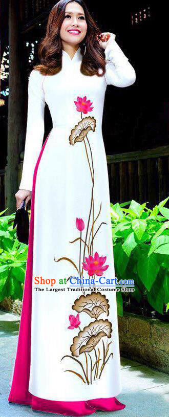 Asian Vietnam Ao Dai Qipao Traditional Vietnamese Cheongsam Costumes Classical Hand Painting Lotus Dress and Rosy Pants for Women