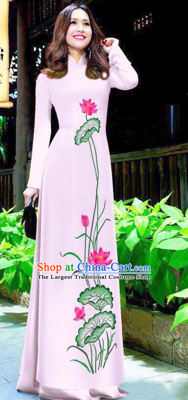 Asian Vietnam Ao Dai Qipao Traditional Vietnamese Cheongsam Costumes Classical Hand Painting Lotus Pink Dress and Pants for Women