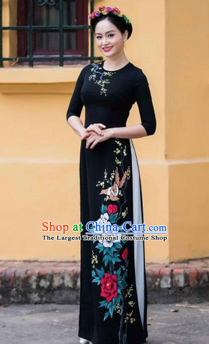 Asian Vietnam Printing Peony Birds Ao Dai Qipao Traditional Vietnamese Cheongsam Costumes Classical Black Dress and Pants for Women