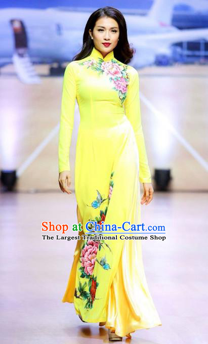Asian Vietnam Printing Peony Ao Dai Qipao Traditional Vietnamese Cheongsam Costumes Classical Yellow Dress and Pants for Women
