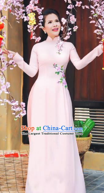 Asian Vietnam Printing Roses Ao Dai Qipao Traditional Vietnamese Cheongsam Costumes Classical Pink Dress and Pants for Women