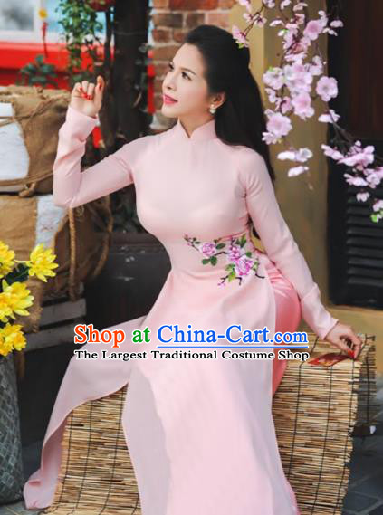 Asian Vietnam Printing Roses Ao Dai Qipao Traditional Vietnamese Cheongsam Costumes Classical Pink Dress and Pants for Women