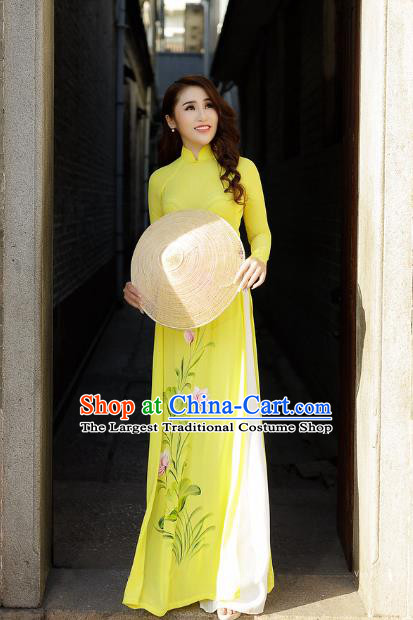 Asian Vietnam Printing Lotus Ao Dai Qipao Traditional Vietnamese Cheongsam Costumes Classical Yellow Dress and Pants for Women