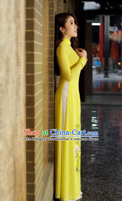 Asian Vietnam Printing Lotus Ao Dai Qipao Traditional Vietnamese Cheongsam Costumes Classical Yellow Dress and Pants for Women