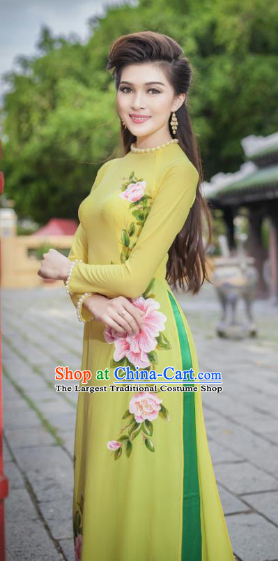 Asian Vietnam Hand Painting Peony Ao Dai Qipao Traditional Vietnamese Cheongsam Costumes Classical Yellow Dress and Pants for Women