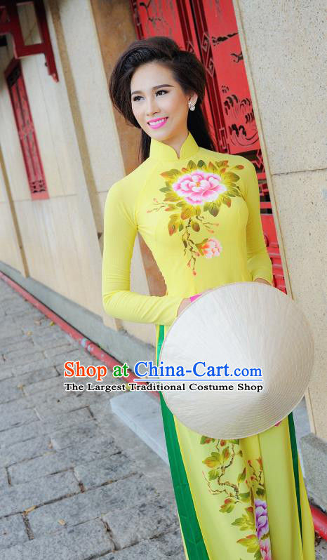 Asian Vietnam Ao Dai Qipao Traditional Vietnamese Cheongsam Costumes Classical Hand Painting Peony Yellow Dress and Pants for Women