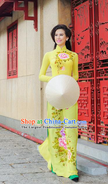 Asian Vietnam Ao Dai Qipao Traditional Vietnamese Cheongsam Costumes Classical Hand Painting Peony Yellow Dress and Pants for Women