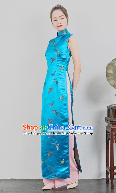Asian Vietnam Classical Butterfly Pattern Ao Dai Qipao Traditional Vietnamese Cheongsam Costumes Blue Silk Dress and Loose Pants for Women