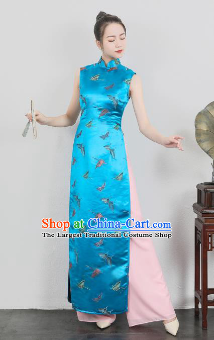 Asian Vietnam Classical Butterfly Pattern Ao Dai Qipao Traditional Vietnamese Cheongsam Costumes Blue Silk Dress and Loose Pants for Women