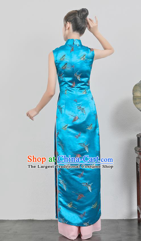 Asian Vietnam Classical Butterfly Pattern Ao Dai Qipao Traditional Vietnamese Cheongsam Costumes Blue Silk Dress and Loose Pants for Women