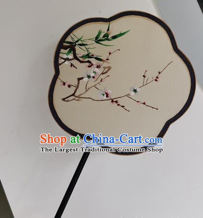 China Ancient Court Lady Fans Traditional Handmade Embroidered Palace Fan Double Side Fan Embroidery Plum Bamboo Silk Fan
