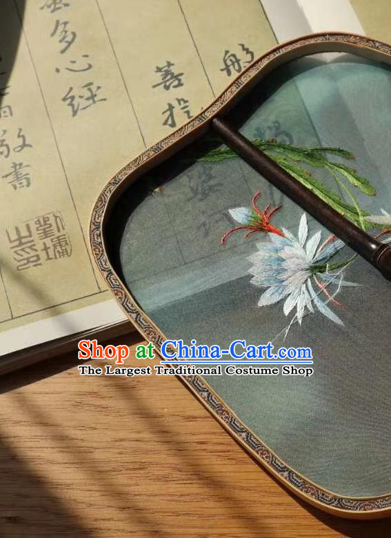 China Handmade Ancient Court Lady Green Silk Fans Traditional Embroidered Palace Fan Embroidery Epiphyllum Double Side Fan
