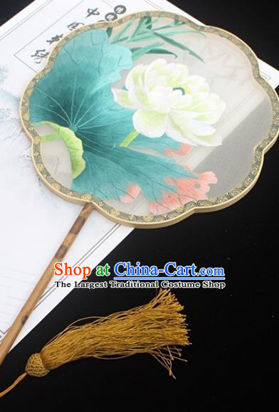 China Classical Silk Fan Handmade Double Side Embroidered Fan Traditional Court Fan Embroidery Lotus Palace Fan