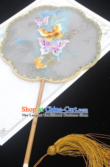 China Handmade Double Side Embroidered Fan Traditional Court Fan Classical Silk Fan Embroidery Butterfly Palace Fan