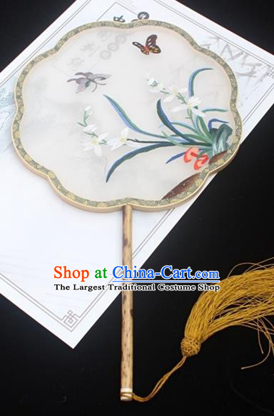 China Double Side Embroidered Fan Handmade Classical Dance White Silk Fan Embroidery Orchid Palace Fan