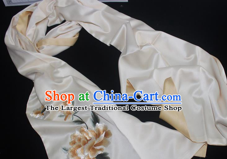 Chinese Style Cheongsam Accessories Embroidered Peony Beige Silk Scarf