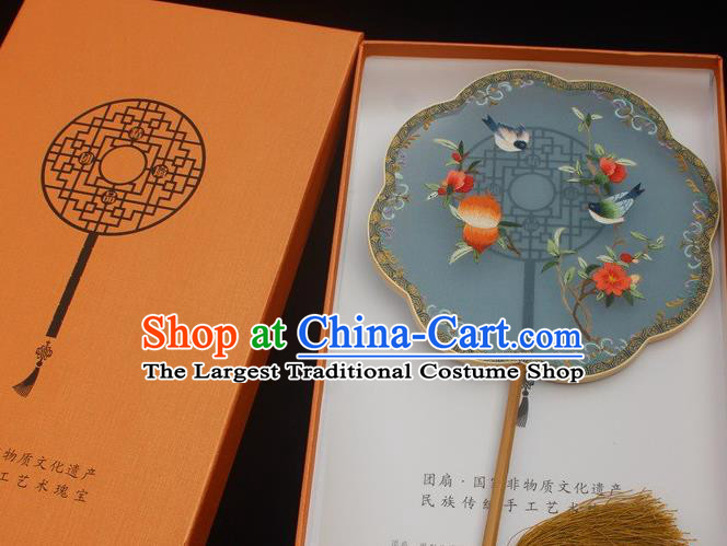 China Classical Blue Silk Palace Fan Handmade Embroidery Fan Traditional Court Fan Double Side Embroidered Fan