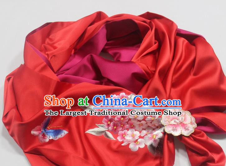Chinese Traditional Cheongsam Collar Accessories Embroidered Plum Blossom Red Silk Scarf with Brooch