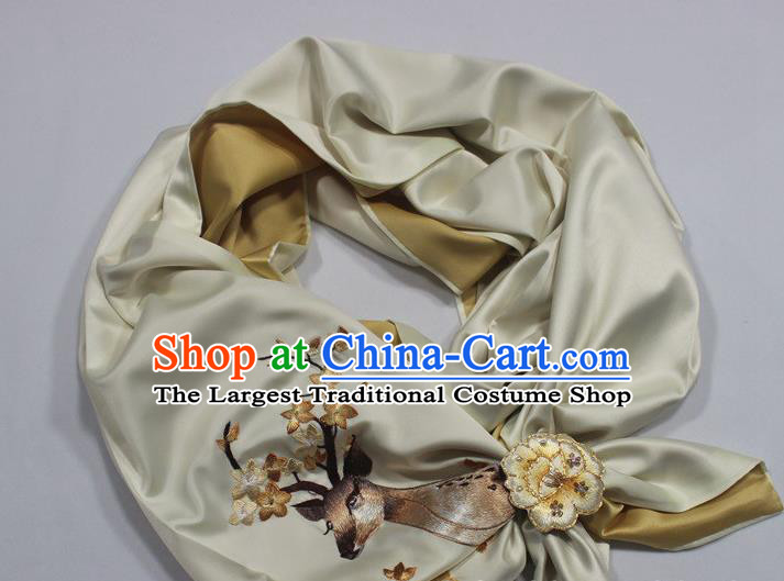 Chinese Traditional Cheongsam Accessories Top Grade Tippet with Brooch Embroidered Deer Yellow Silk Scarf